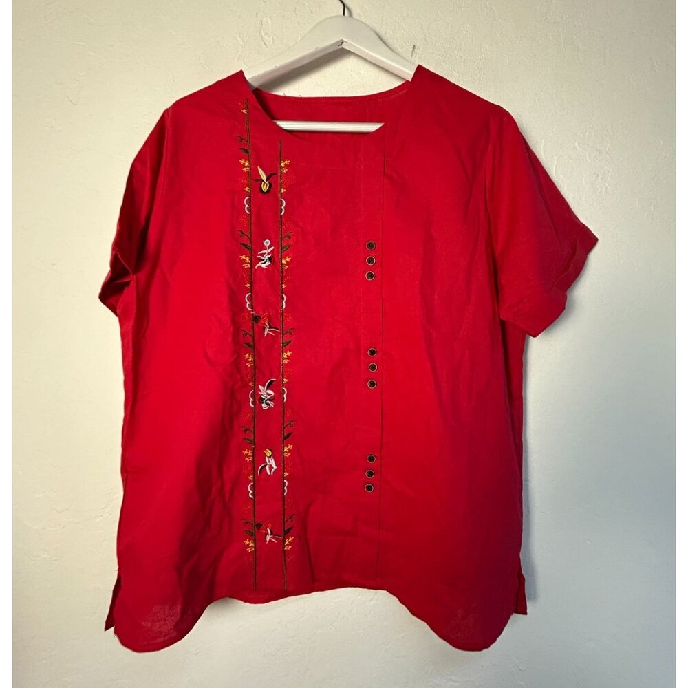 Womens Red Embroidered Tunic Top Blouse Short Sleeve Front Button Accents Casual